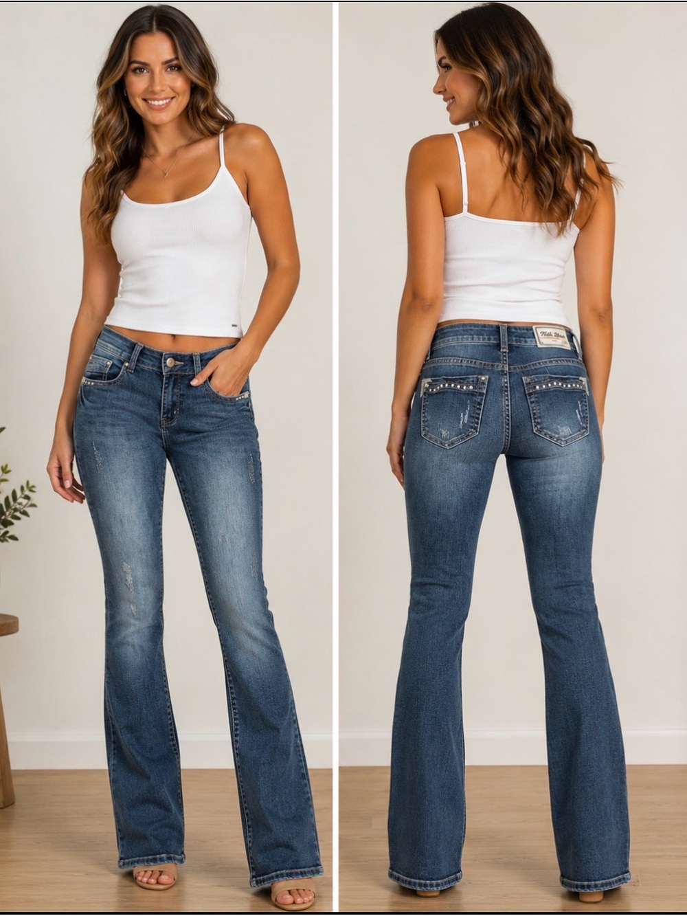 Mid-Rise Embellished Pocket Flare Jeans in Medium Blue